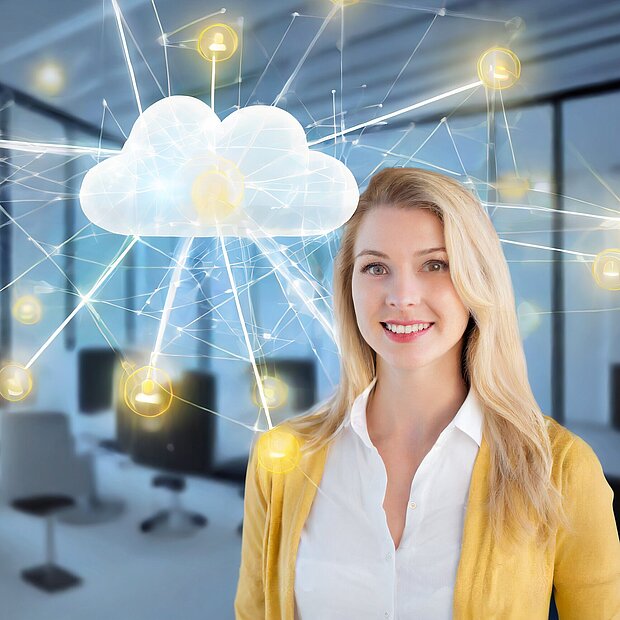 Blonde woman in a conference room, Datacloud connects individual areas